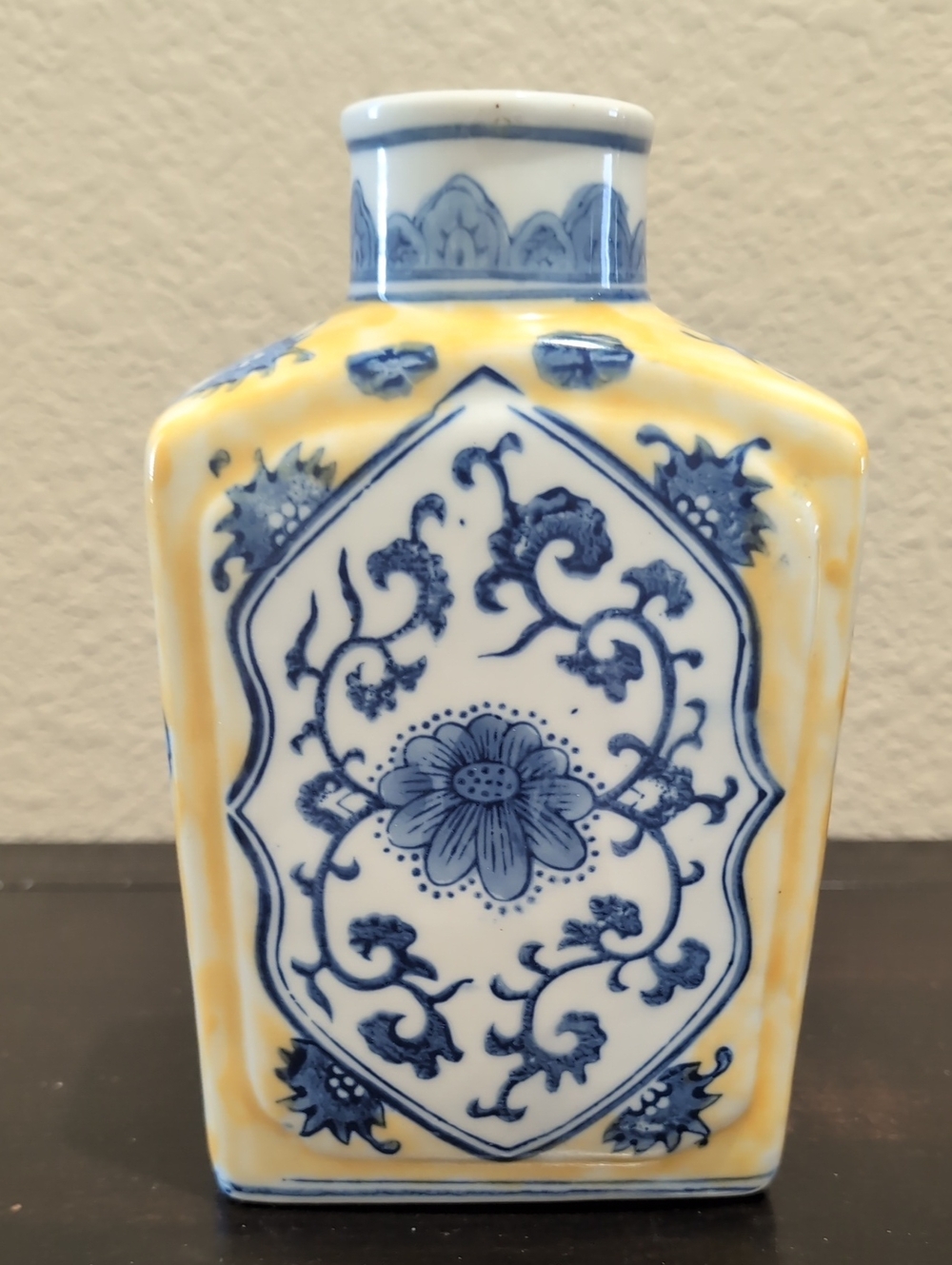 Vintage Chinoiserie Blue White Yellow Porcelain Flask Vase